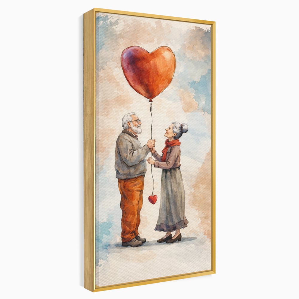 Tablou canvas cu tablou canvas cuplu in varsta si inima, in rama de aluminiu auriu
